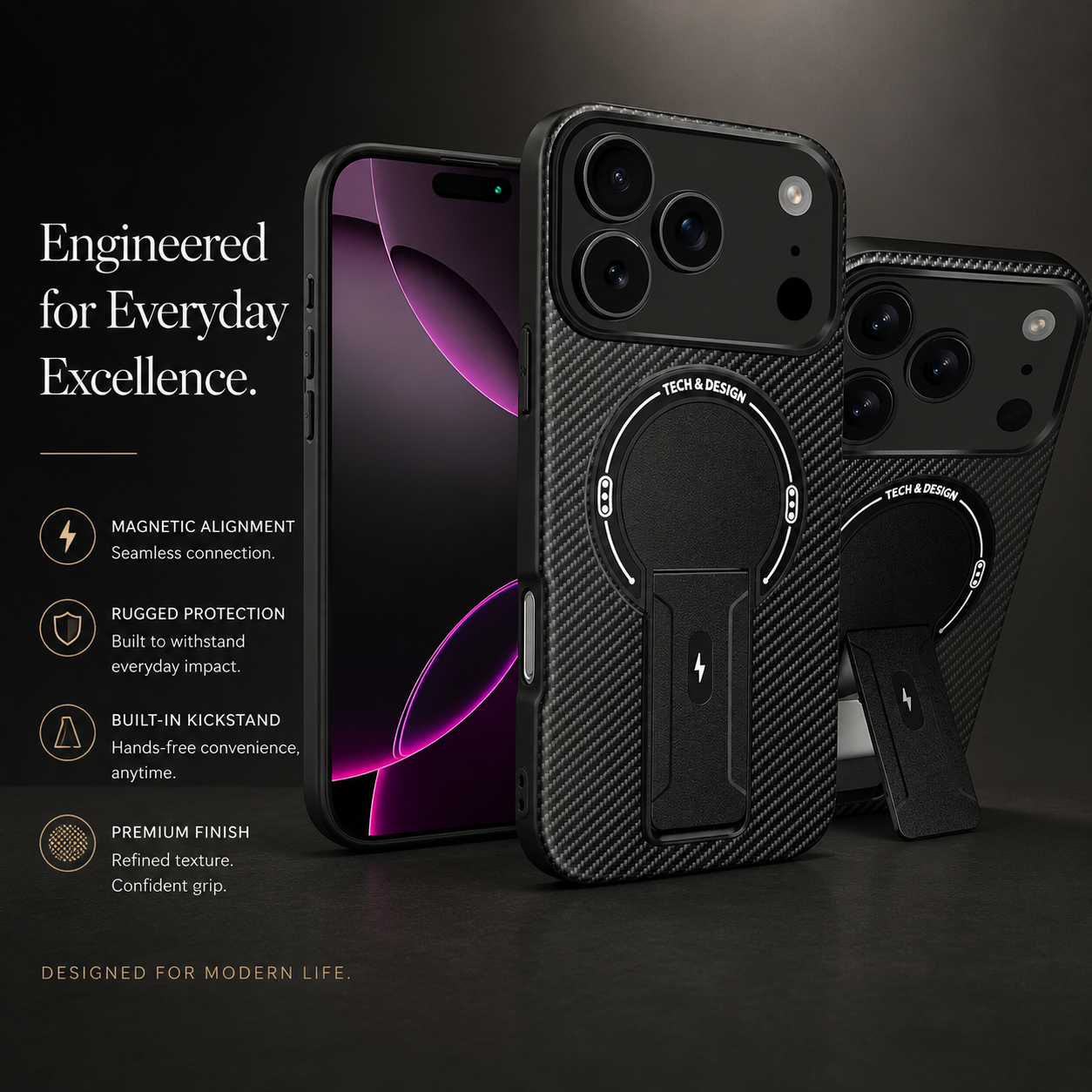 Premium iPhone Case MagSafe Compatible Carbon Fiber Pattern Fold Stand Shockproof Dual Layer Military Grade Protective Cover Full Coverage Armor Design