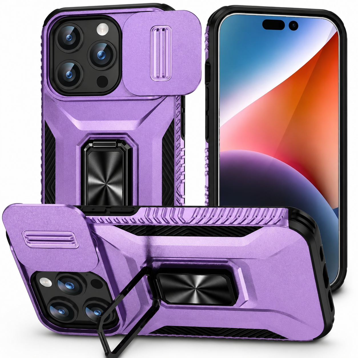Premium iPhone Case Shockproof Protective Cover Full Coverage Sliding Camera Lens Guard Rotary Stand Anti Slip Grip Durable Matte Design Hard Back