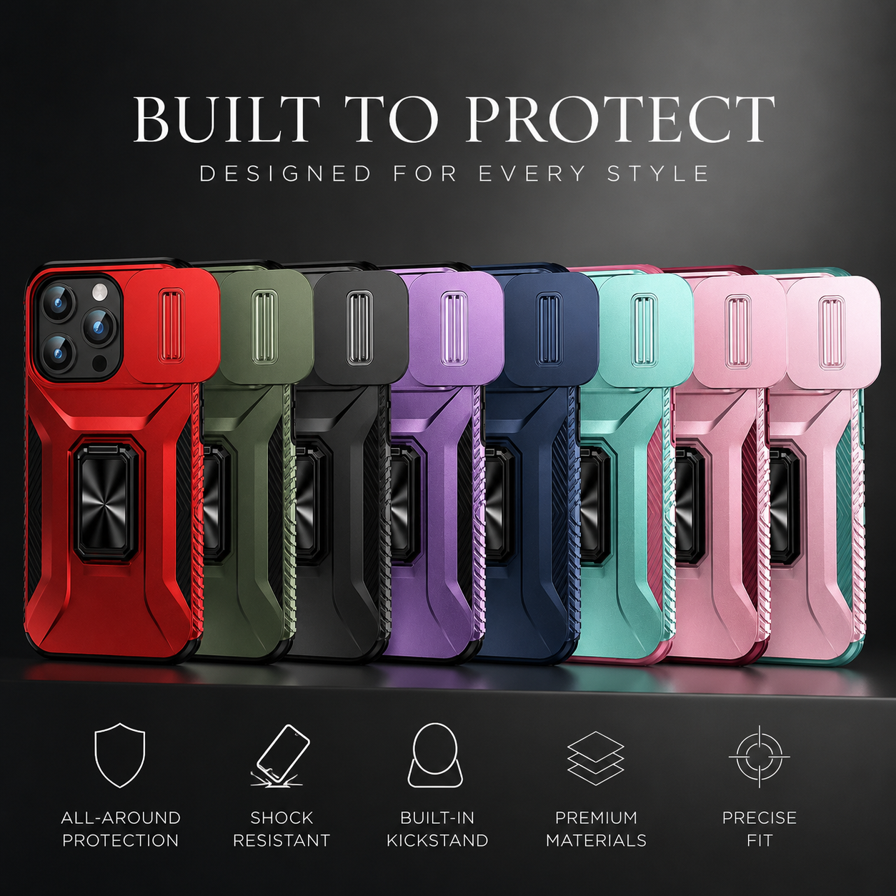 Premium iPhone Case Shockproof Protective Cover Full Coverage Sliding Camera Lens Guard Rotary Stand Anti Slip Grip Durable Matte Design Hard Back
