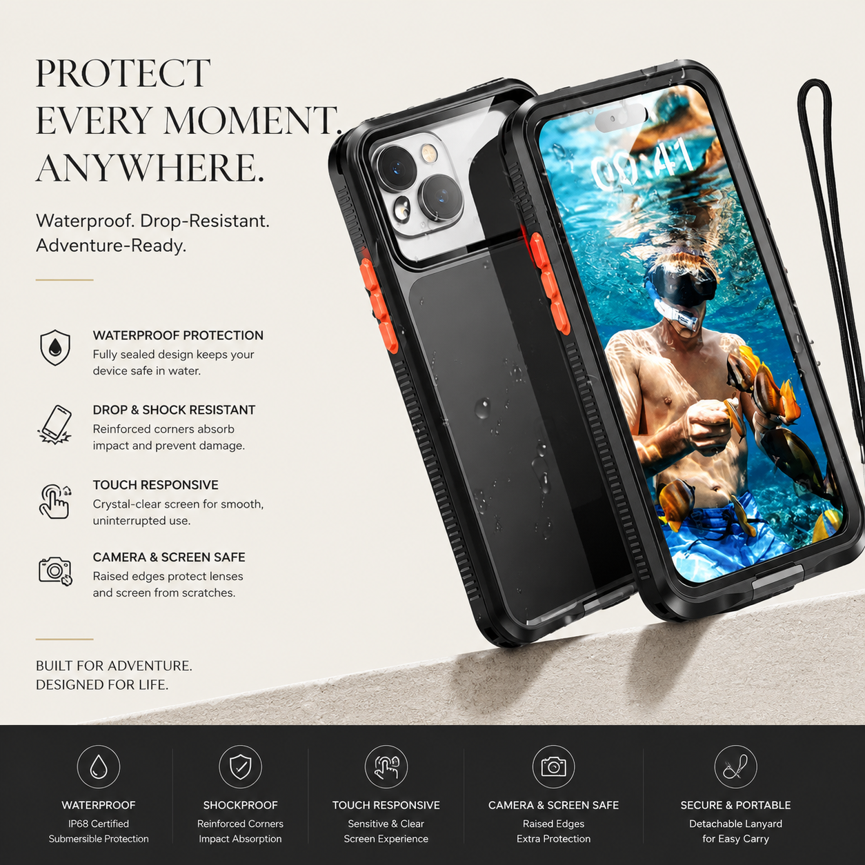 Premium iPhone Case Waterproof IP68 Full Body Sealed Cover Shockproof Dustproof Protective Camera Lens Protection Underwater Outdoor Full Coverage
