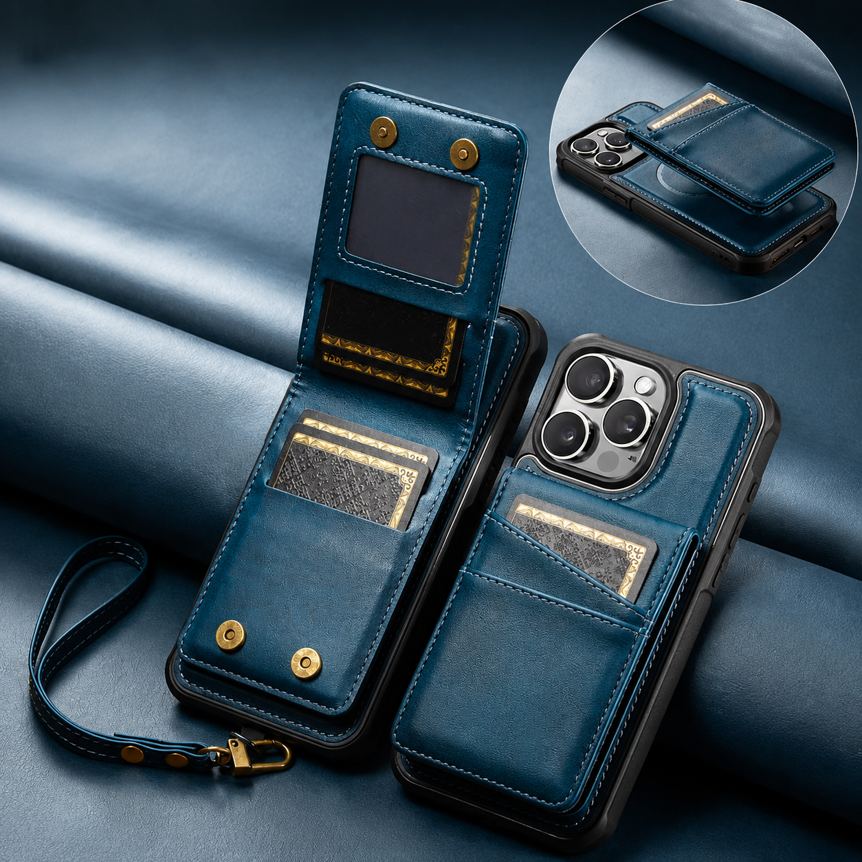 Premium iPhone Case Magnetic Detachable Wallet Flip Cover PU Leather Card Holder Cash Pocket Wrist Strap Shockproof Full Coverage Protective Design