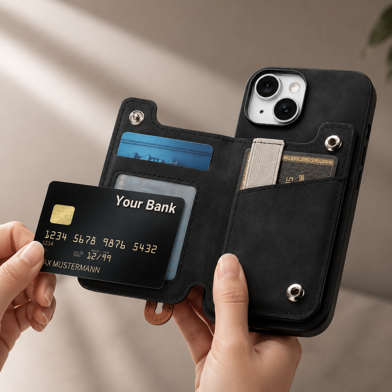 Premium iPhone Wallet Case Detachable Zipper Flip Cover PU Leather Card Holder Magnetic Closure Wrist Strap Shockproof Full Coverage Protective Design