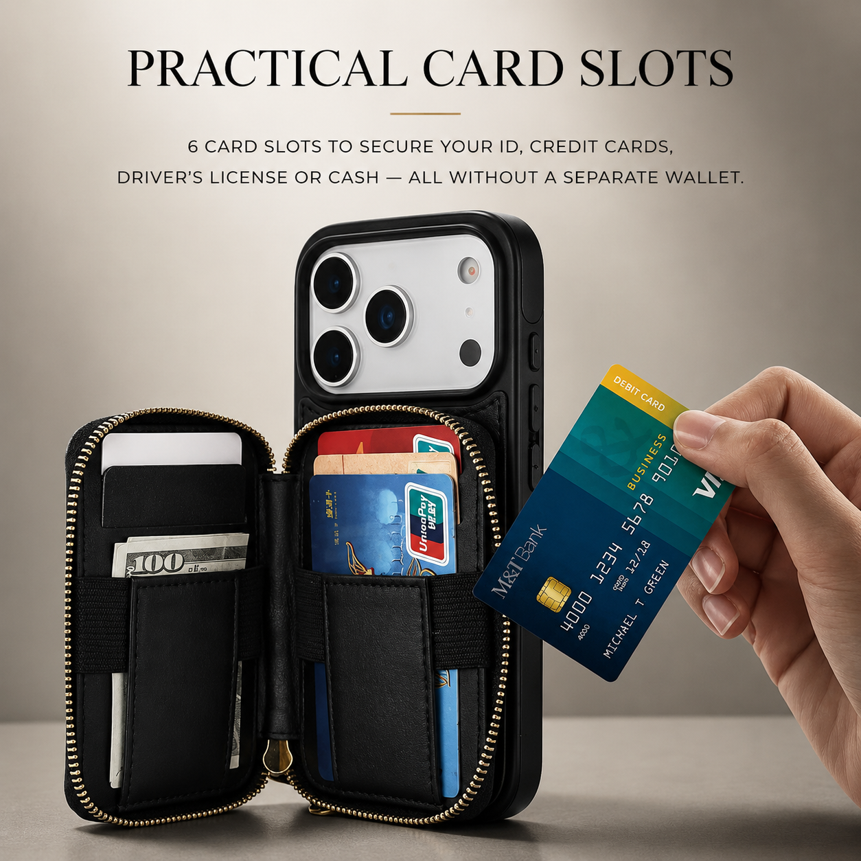 Premium iPhone Case Crossbody Wallet Folio Cover RFID Blocking Card Holder Zipper Kickstand Wrist Strap Shockproof Protective Full Coverage