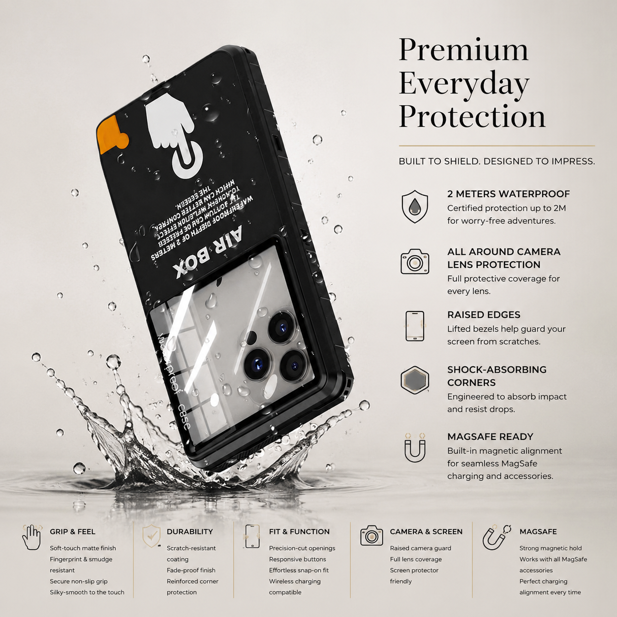 Premium iPhone Case Waterproof IP68 Full Body Sealed Cover Shockproof Dustproof Protective Camera Lens Protection Underwater Outdoor Full Coverage