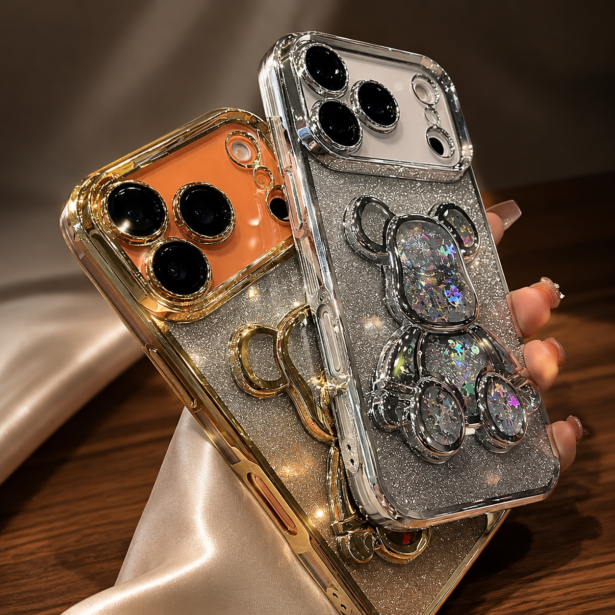 Premium iPhone Case Glitter Quicksand Bear Cover Shockproof Acrylic Plated Camera Protection Dustproof Full Coverage Anti Scratch Protective Design