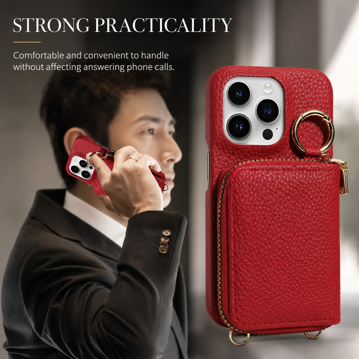 Premium iPhone Case Leather Wallet Crossbody Cover MagSafe Compatible Card Holder Zipper Pocket Magnetic Closure Shockproof Full Coverage Lanyard Strap