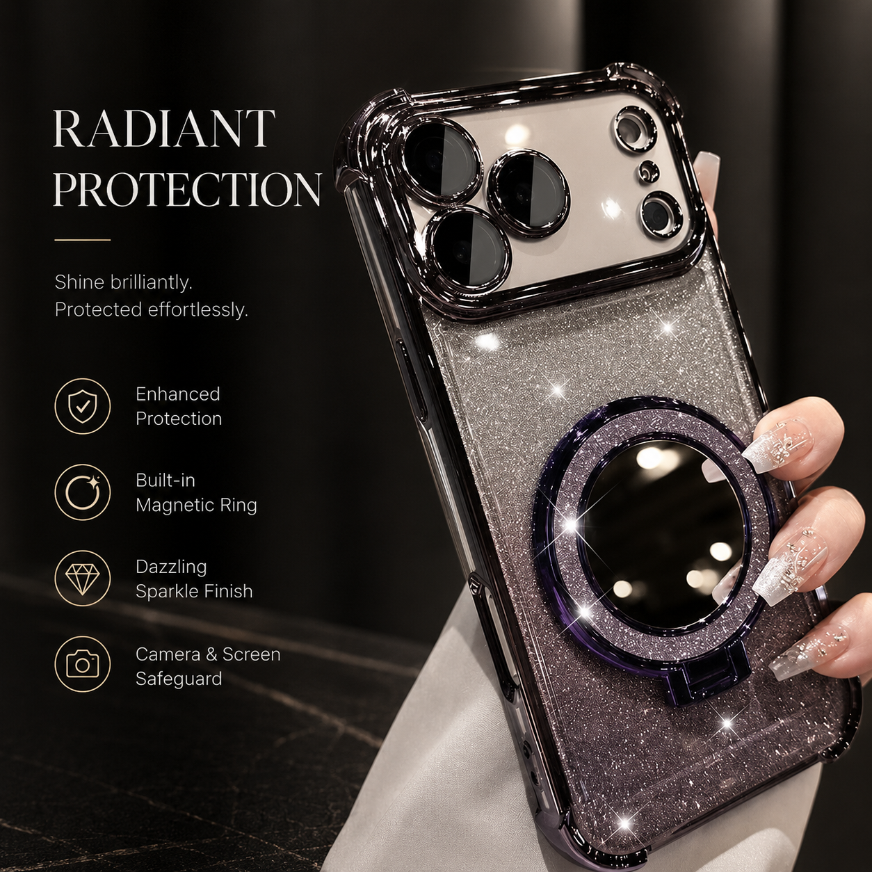 Premium iPhone Case Glitter Mirror Magnetic Bracket Cover Shockproof Silicone Non Slip Anti Scratch Full Coverage Stand Holder Protective Design