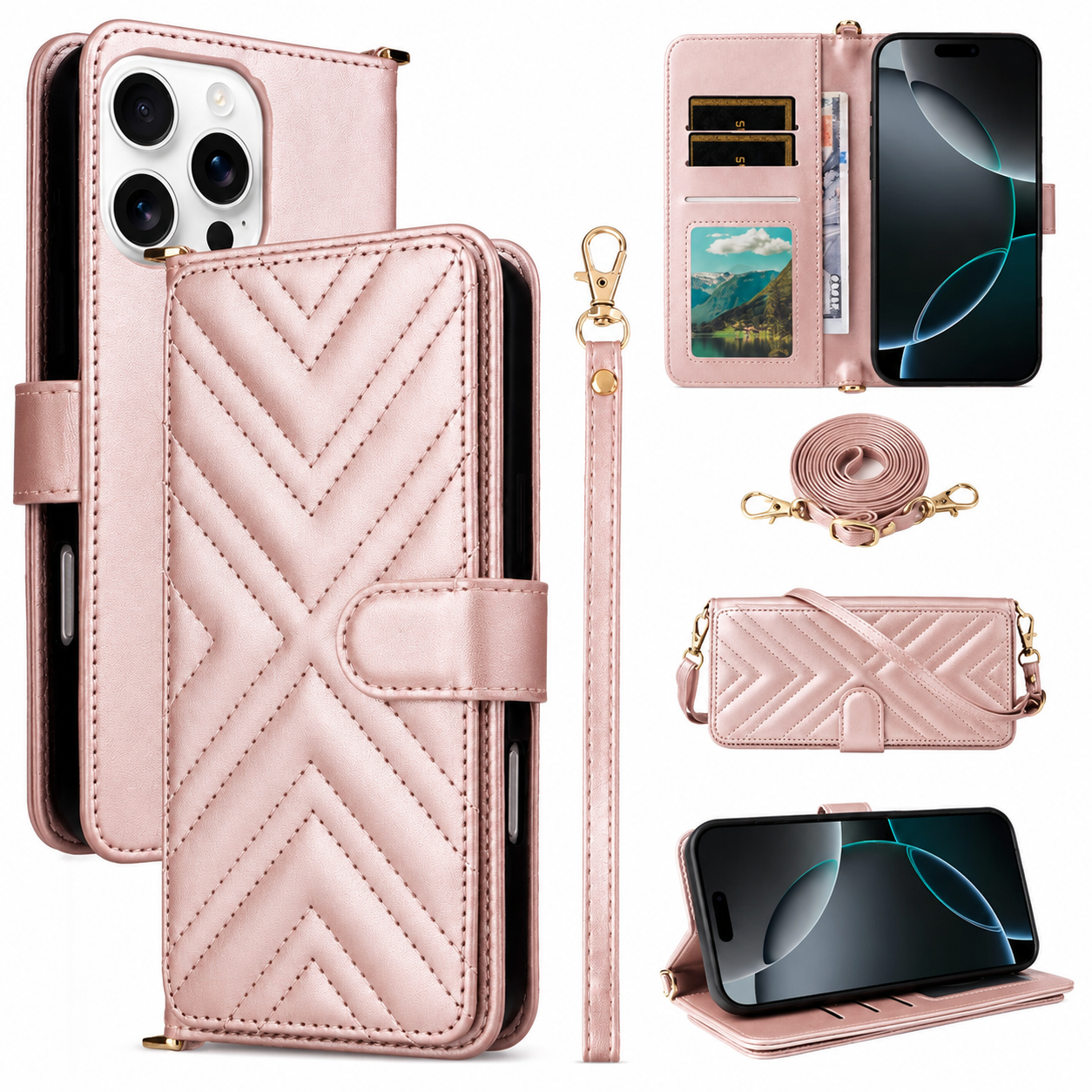 Premium iPhone Case Crossbody Wallet PU Leather Cover Card Holder Shoulder Strap Magnetic Closure Shockproof Full Coverage Slim Design