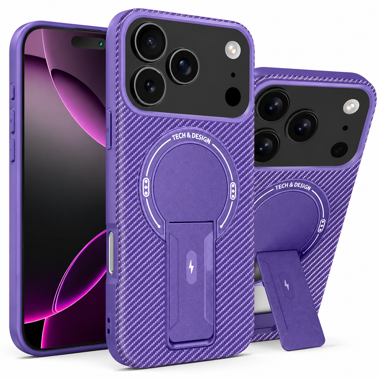 Premium iPhone Case MagSafe Compatible Carbon Fiber Pattern Fold Stand Shockproof Dual Layer Military Grade Protective Cover Full Coverage Armor Design