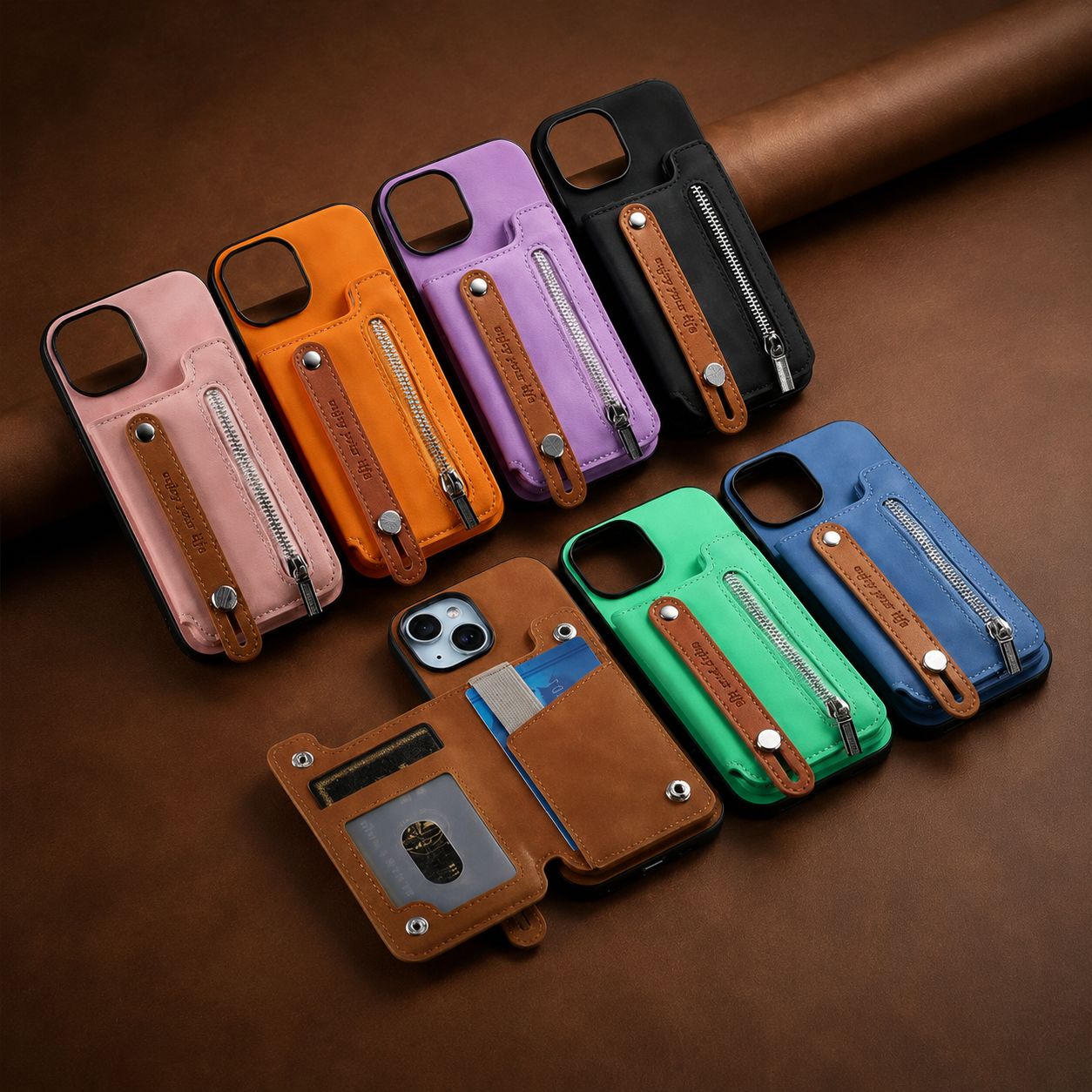 Premium iPhone Wallet Case Detachable Zipper Flip Cover PU Leather Card Holder Magnetic Closure Wrist Strap Shockproof Full Coverage Protective Design
