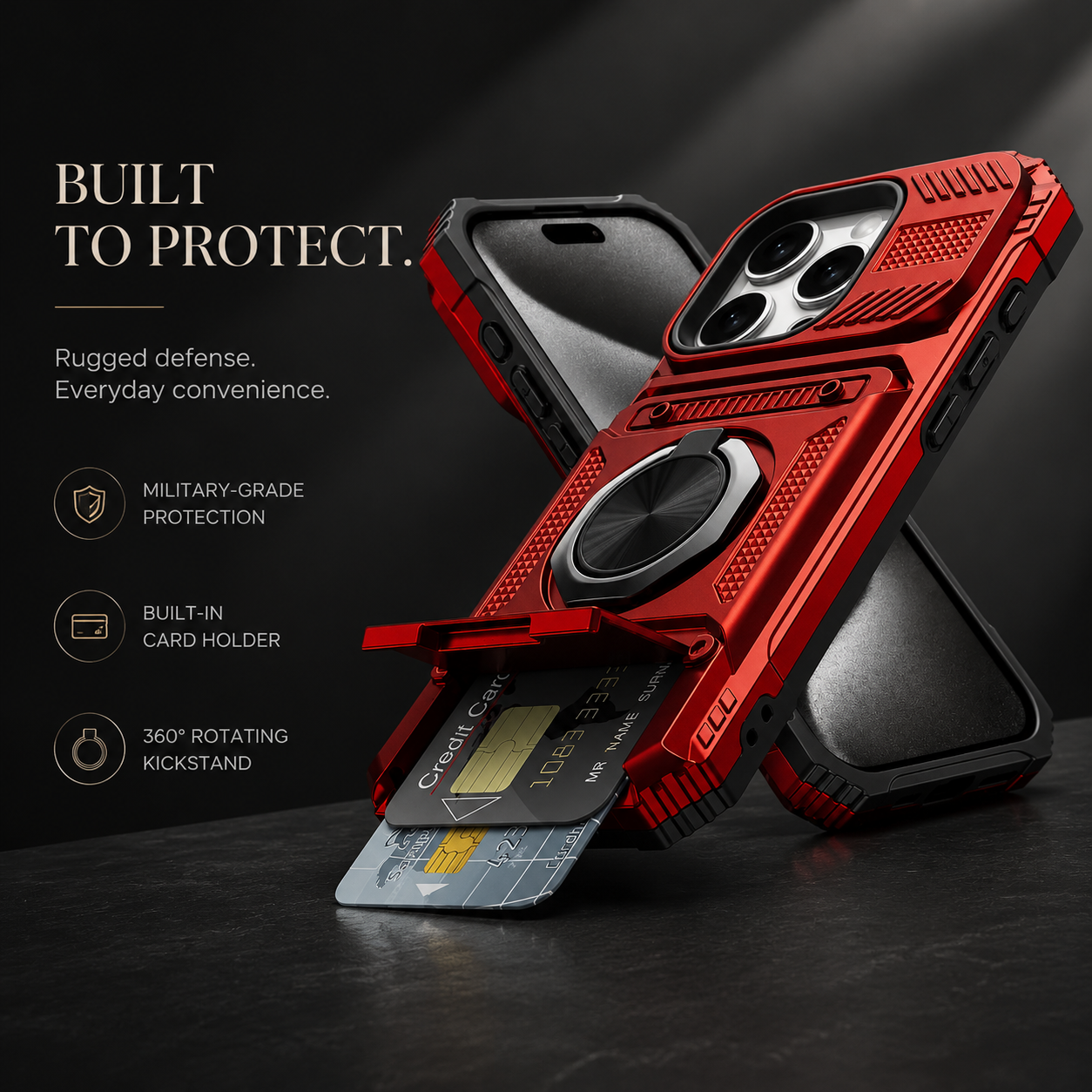 Premium iPhone Case Magnetic Rotating Ring Kickstand Wallet Cover Shockproof Card Holder Heavy Duty Protective Full Coverage Anti Scratch Design