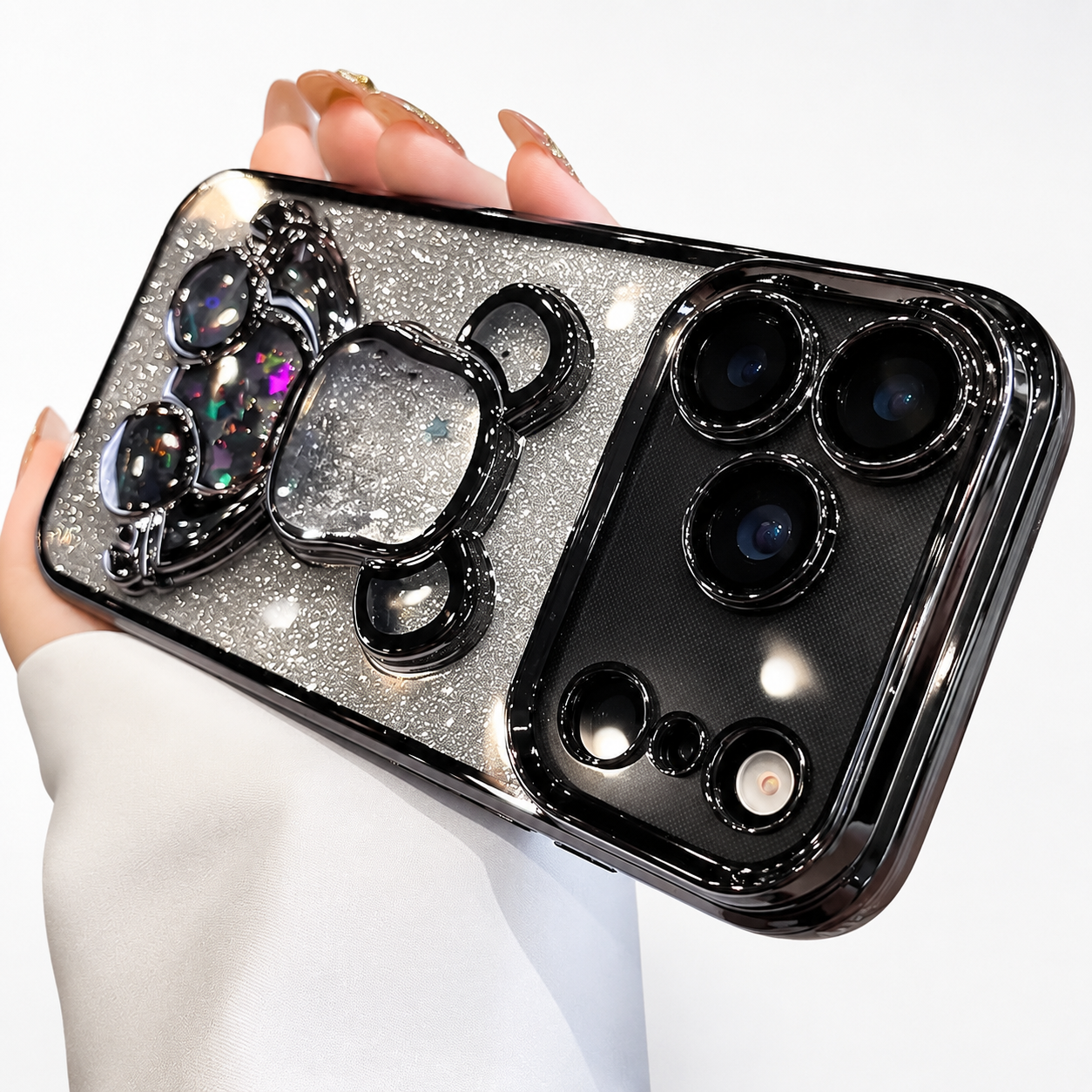 Premium iPhone Case Glitter Quicksand Bear Cover Shockproof Acrylic Plated Camera Protection Dustproof Full Coverage Anti Scratch Protective Design