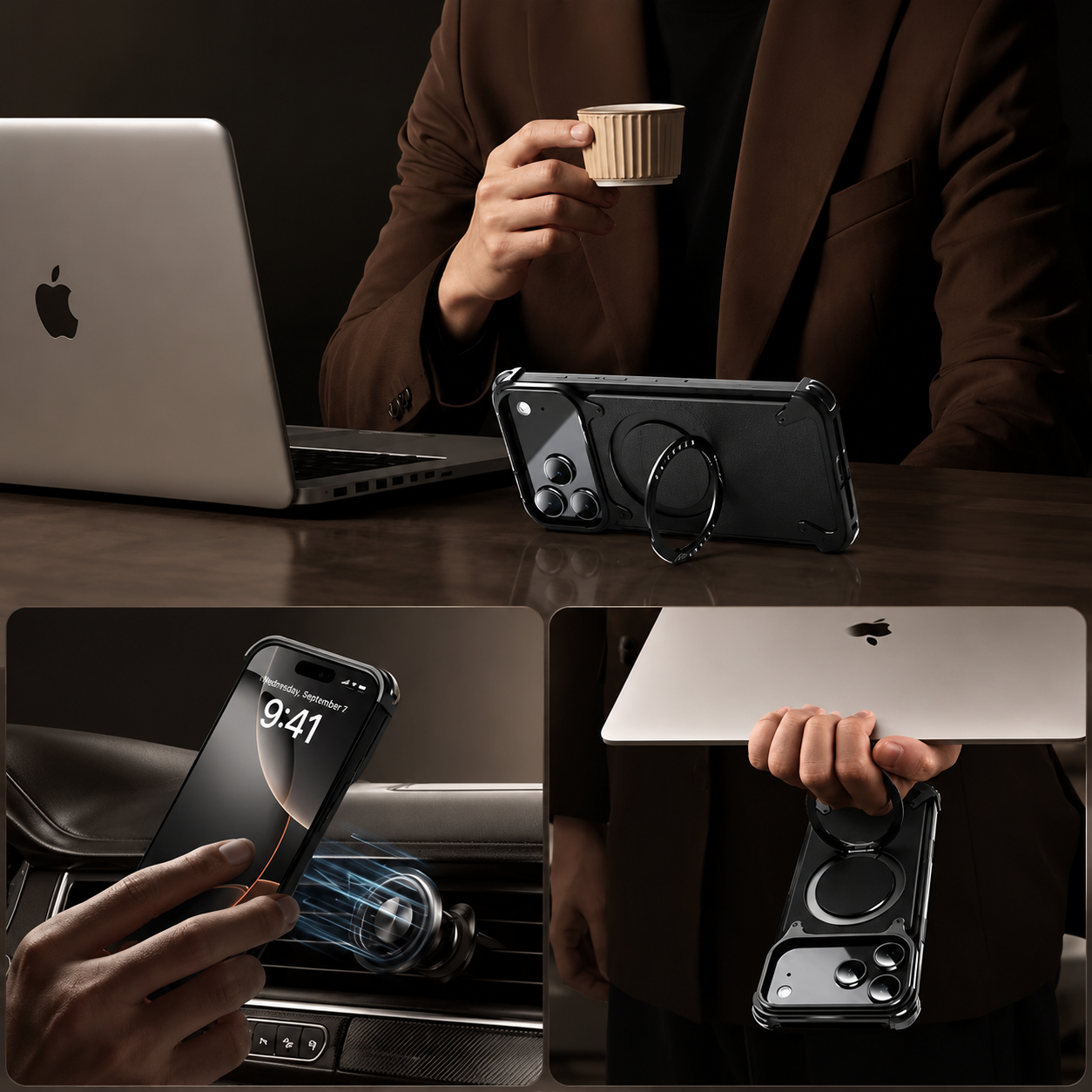 Premium iPhone Case Genuine Leather Magnetic Cover MagSafe Compatible Frameless Rotating Stand Ring Shockproof Anti Drop Protection Slim Profile