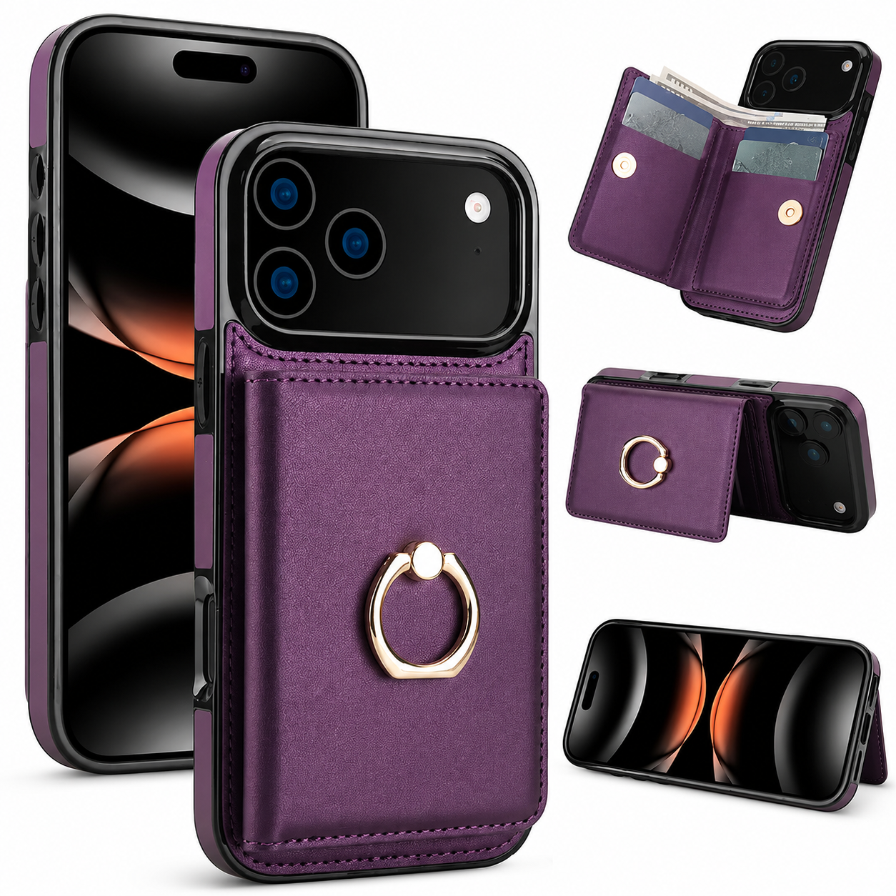 Premium iPhone Case Wallet Flip Cover Card Holder Magnetic Clasp Ring Kickstand PU Leather Shockproof Protective Cover Anti Scratch Full Protection Slim