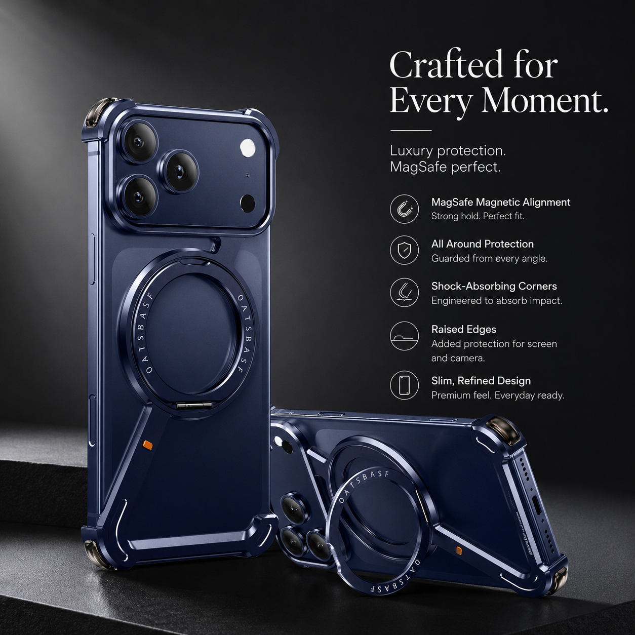Premium iPhone Case MagSafe Compatible Magnetic Aluminum Frameless Cover 360 Rotating Stand Ring Shockproof Camera Lens Protection Slim Design