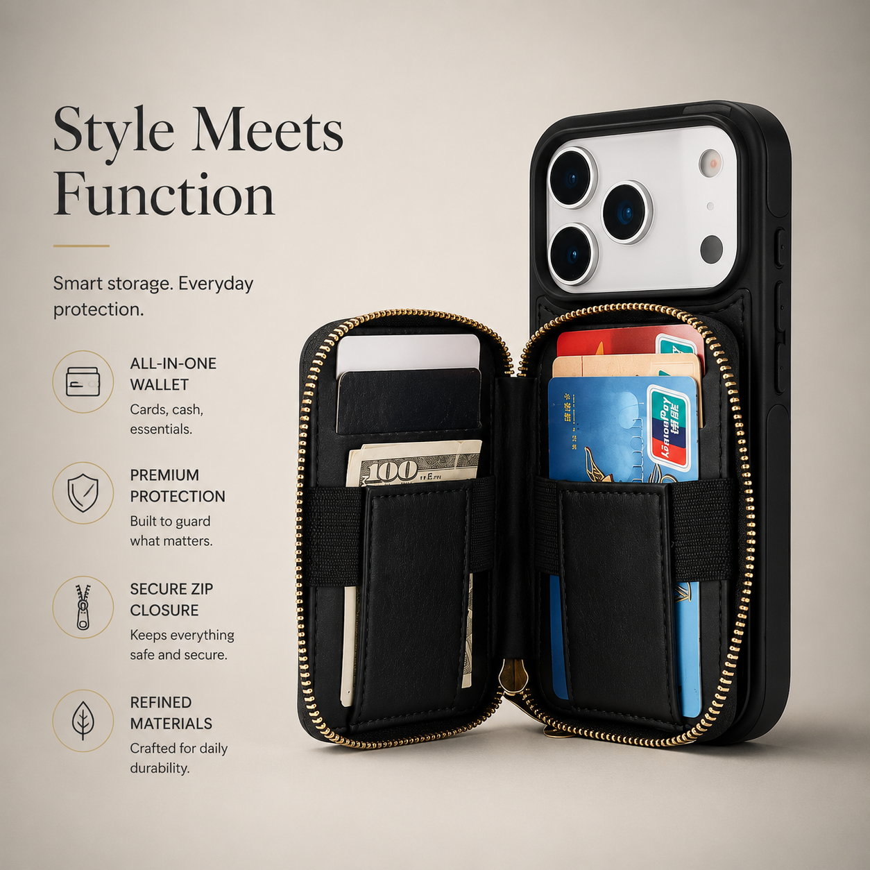 Premium iPhone Case Crossbody Wallet Folio Cover RFID Blocking Card Holder Zipper Kickstand Wrist Strap Shockproof Protective Full Coverage