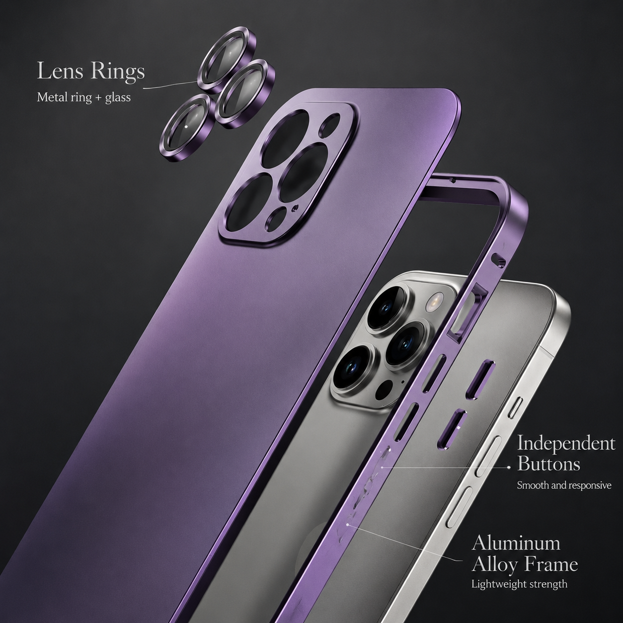 Premium iPhone Case Aluminum Metal Frame Protective Cover Shockproof Camera Lens Protection Wireless Charging Slim Lightweight PC Back Full Coverage