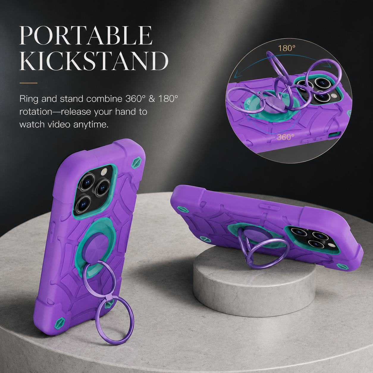 Premium iPhone Case Rugged Armor Cover Dual Layer Shockproof PC TPU Ring Holder Kickstand Anti Slip Grip Full Protection Design