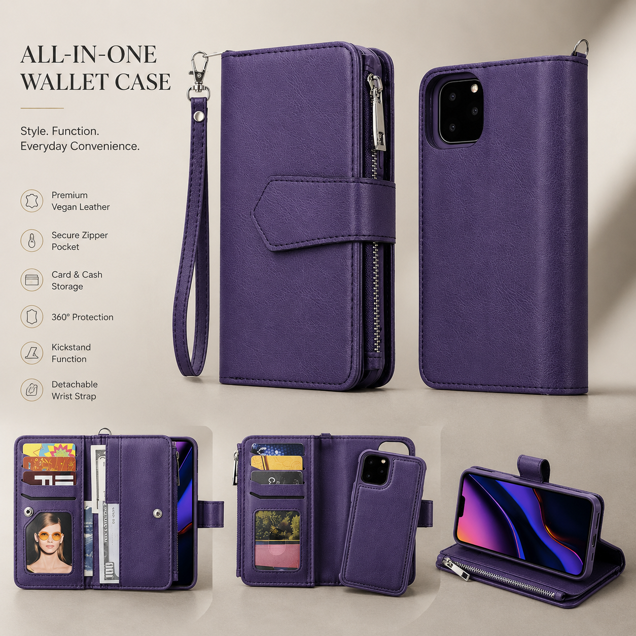 Premium iPhone Case Magnetic Detachable Wallet PU Leather Flip Cover Card Holder Kickstand Shockproof Full Coverage Protective Design