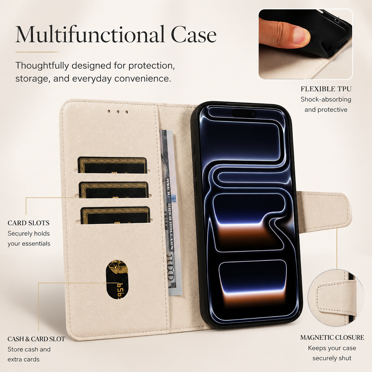 Premium iPhone Case Magnetic Leather Wallet Kickstand Shockproof MagSafe Compatible Card Holder Artificial Leather Full Coverage Protective Design