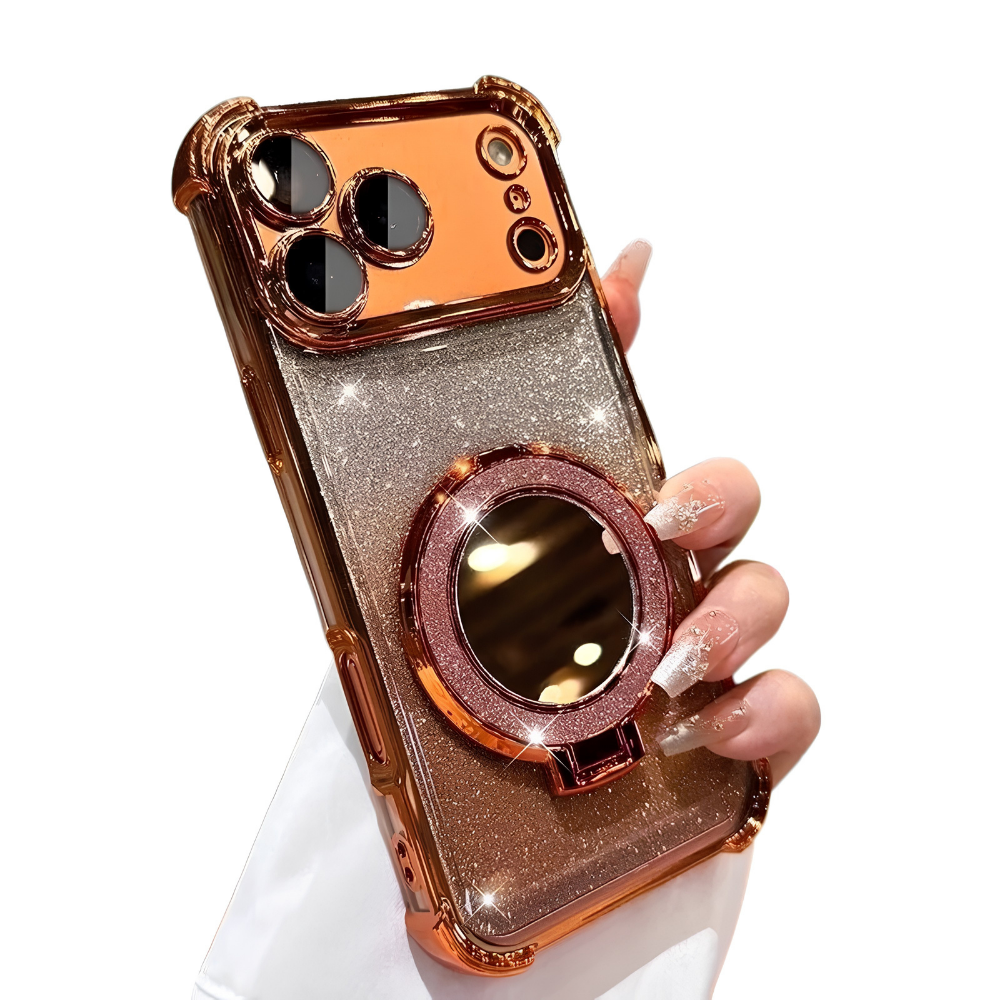 Premium iPhone Case Glitter Mirror Magnetic Bracket Cover Shockproof Silicone Non Slip Anti Scratch Full Coverage Stand Holder Protective Design