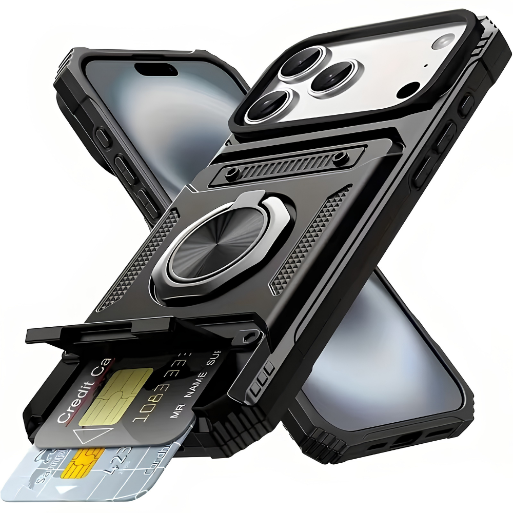 Premium iPhone Case Magnetic Rotating Ring Kickstand Wallet Cover Shockproof Card Holder Heavy Duty Protective Full Coverage Anti Scratch Design