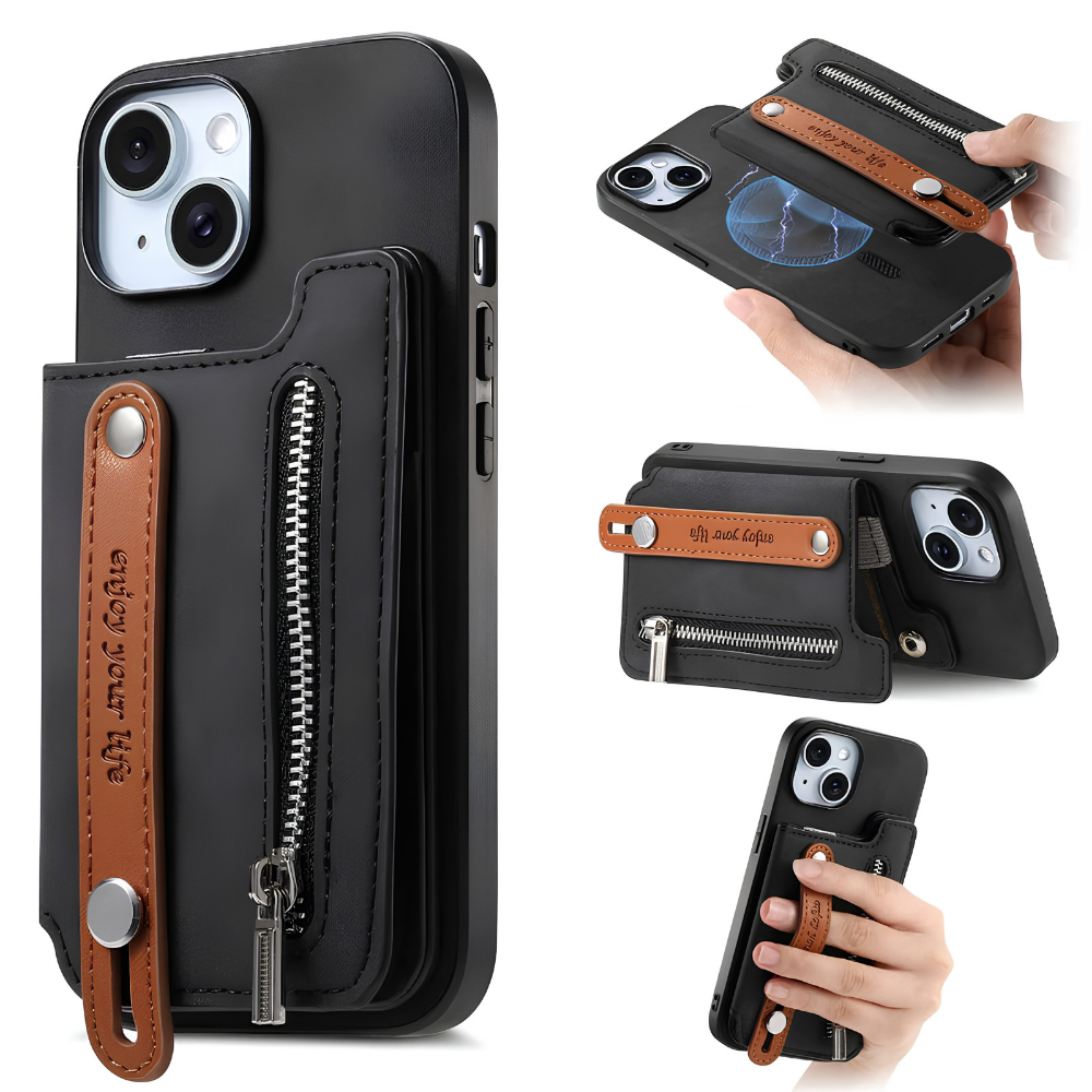 Premium iPhone Wallet Case Detachable Zipper Flip Cover PU Leather Card Holder Magnetic Closure Wrist Strap Shockproof Full Coverage Protective Design