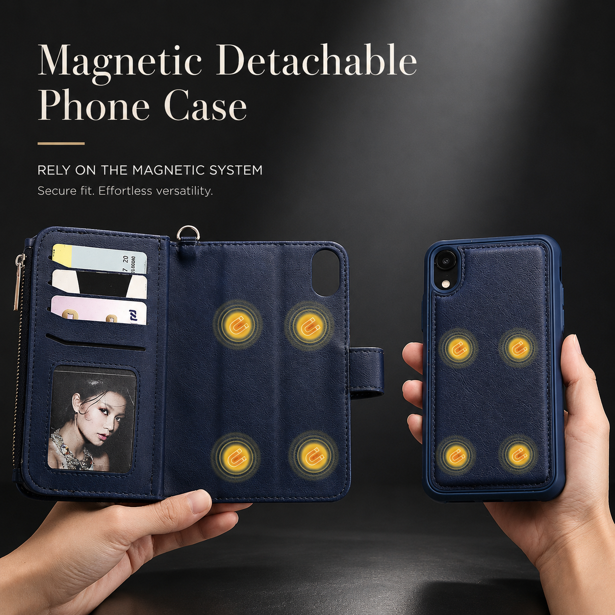 Premium iPhone Case Magnetic Detachable Wallet PU Leather Flip Cover Card Holder Kickstand Shockproof Full Coverage Protective Design