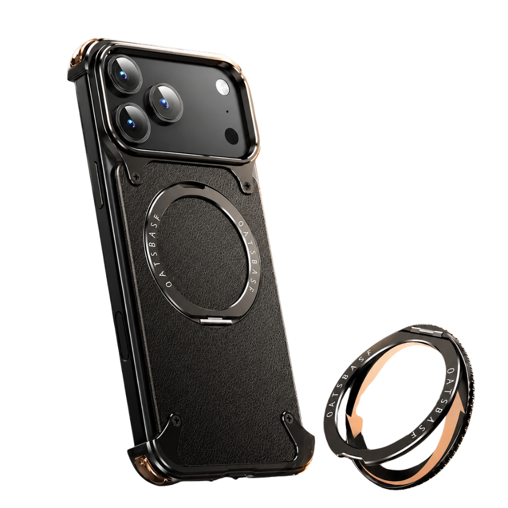 Premium iPhone Case Genuine Leather Magnetic Cover MagSafe Compatible Frameless Rotating Stand Ring Shockproof Anti Drop Protection Slim Profile