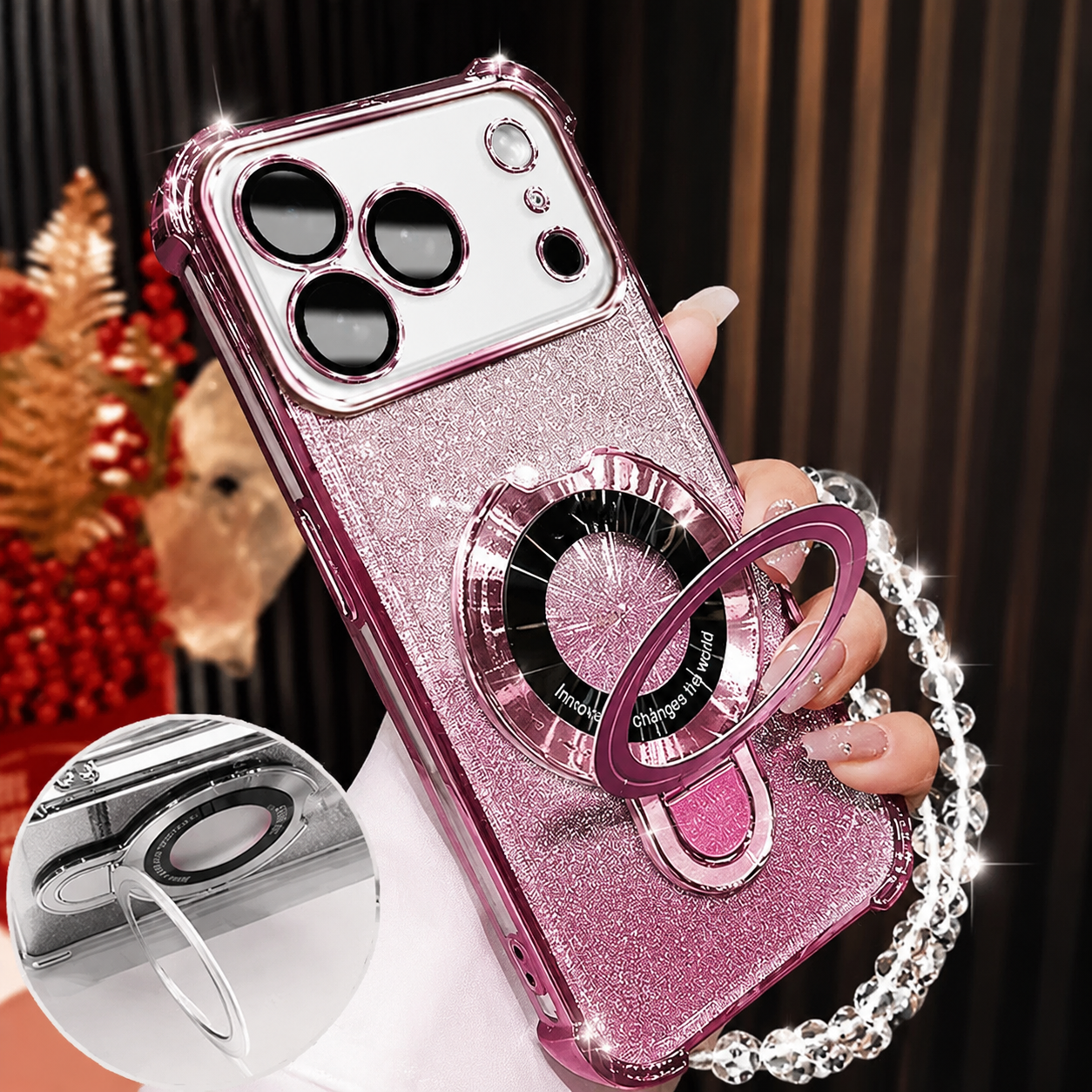 Premium iPhone Case Glitter Magnetic Bracelet Cover MagSafe Kickstand Shockproof Dual Layer Anti Fingerprint Non Slip Full Coverage Protective Design
