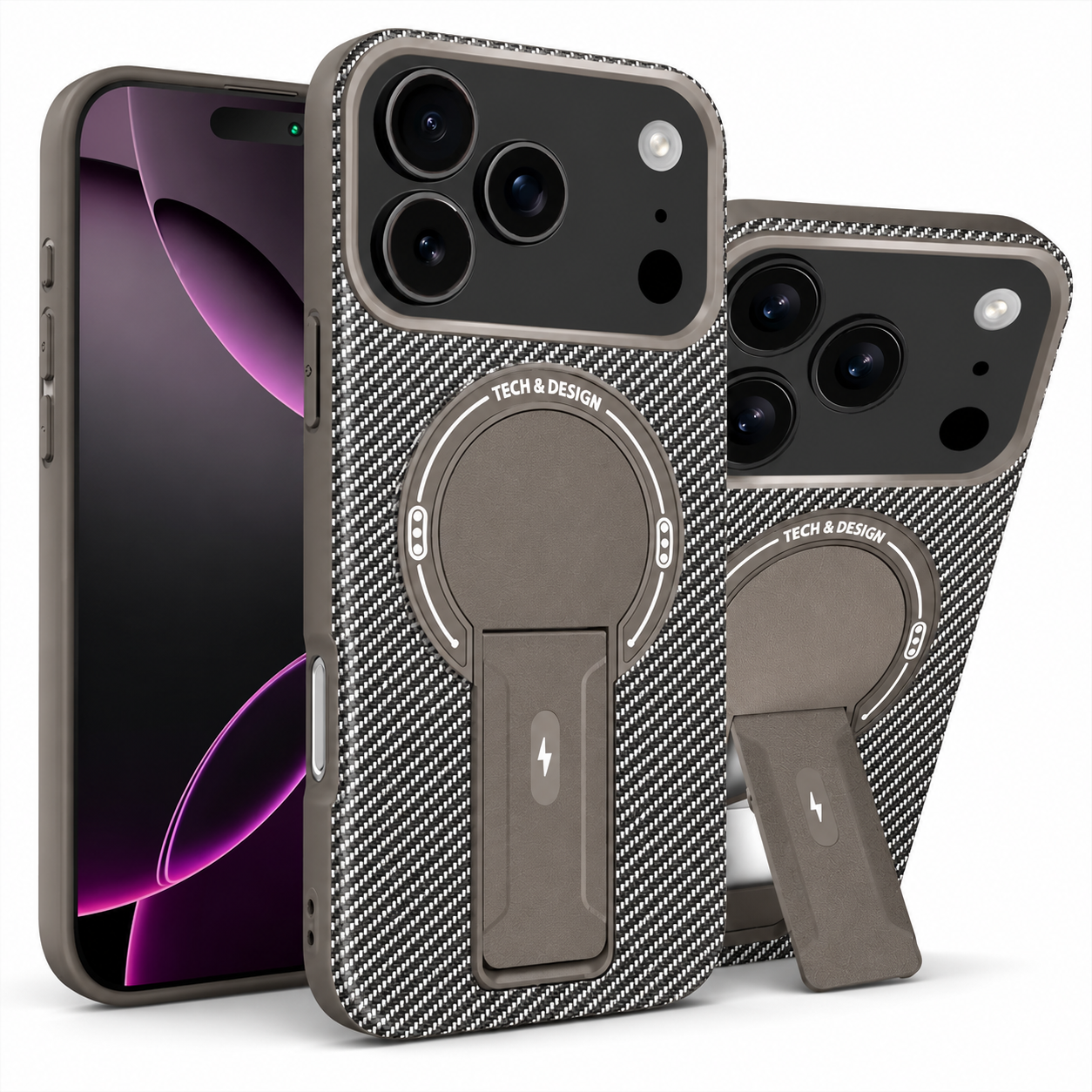 Premium iPhone Case MagSafe Compatible Carbon Fiber Pattern Fold Stand Shockproof Dual Layer Military Grade Protective Cover Full Coverage Armor Design