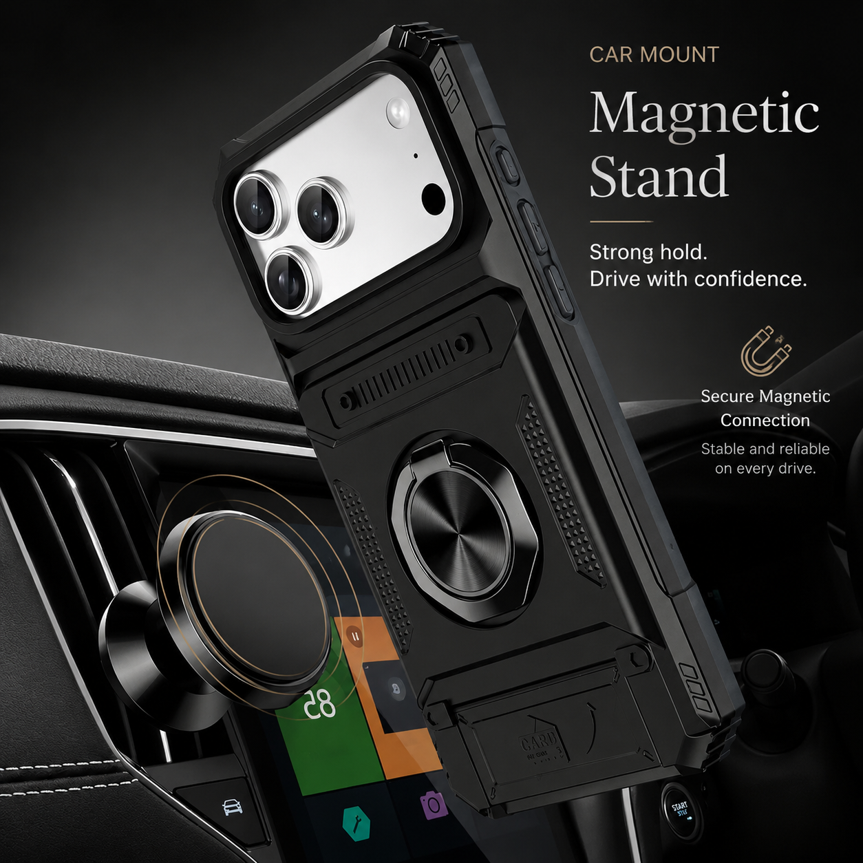 Premium iPhone Case Magnetic Rotating Ring Kickstand Wallet Cover Shockproof Card Holder Heavy Duty Protective Full Coverage Anti Scratch Design