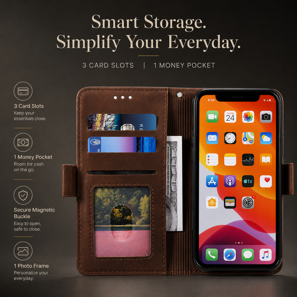 Premium iPhone Case Leather Wallet Flip Cover MagSafe Compatible Card Holder Magnetic Closure Shockproof Camera Protection Stand Full Coverage