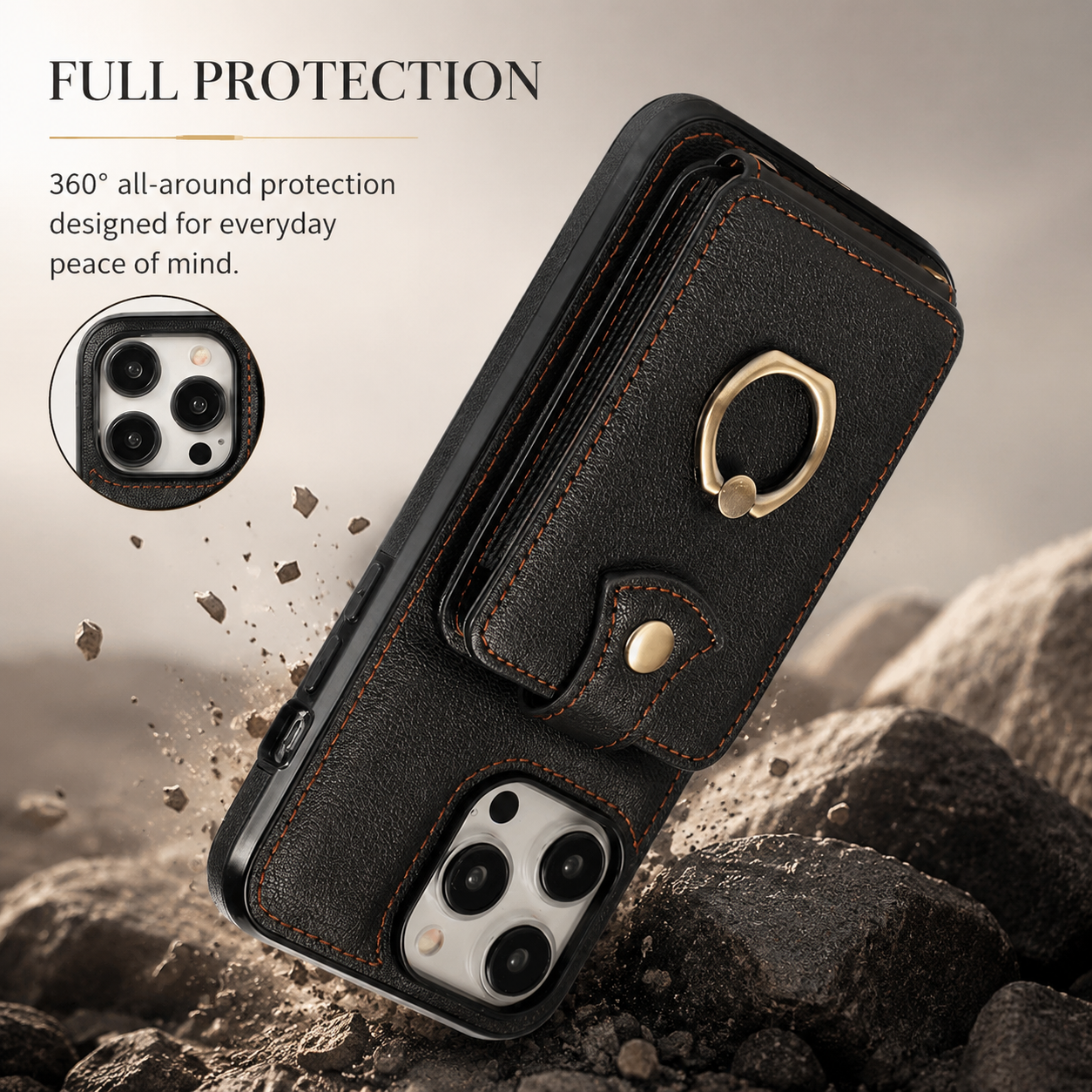 Premium iPhone Case Wallet Cover Card Holder RFID Blocking Ring Kickstand PU Leather Shockproof Protective Cover Anti Scratch Slim Full Protection