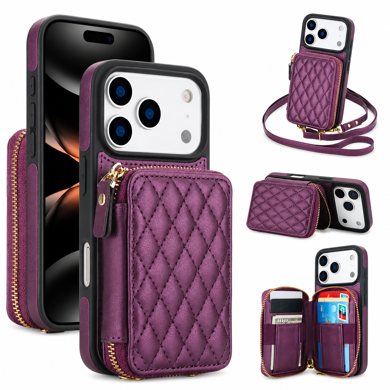 Premium iPhone Case Crossbody Wallet Folio Cover RFID Blocking Card Holder Zipper Kickstand Wrist Strap Shockproof Protective Full Coverage