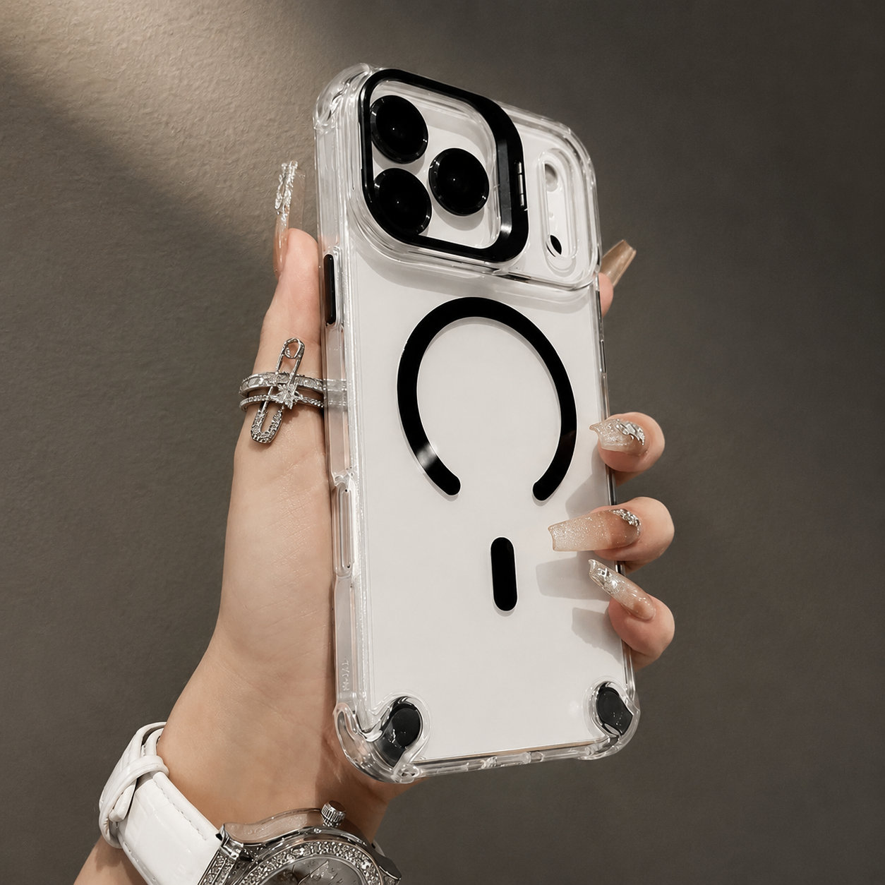 Premium iPhone Case Transparent Magnetic Shockproof Cover Glass Lens Protector Stand Holder MagSafe Compatible Non Slip Full Coverage Design
