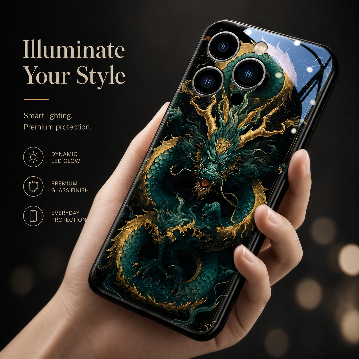 Premium iPhone Case LED Luminous Protective Cover Sound Reactive Tempered Glass Shockproof Camera Lens Protection Slim Full Coverage