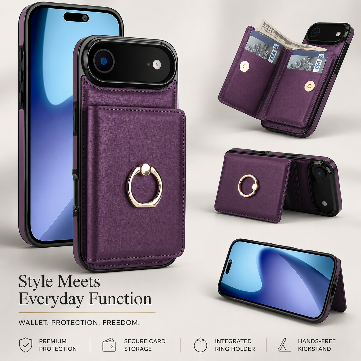 Premium iPhone Case Wallet Flip Cover Card Holder Magnetic Clasp Ring Kickstand PU Leather Shockproof Protective Cover Anti Scratch Full Protection Slim