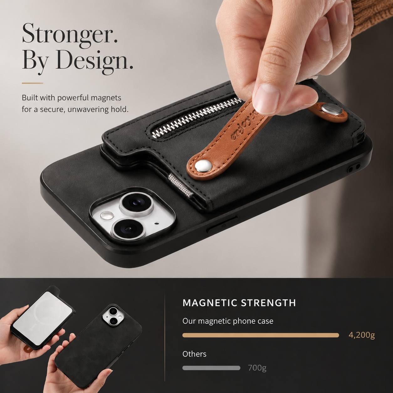 Premium iPhone Wallet Case Detachable Zipper Flip Cover PU Leather Card Holder Magnetic Closure Wrist Strap Shockproof Full Coverage Protective Design