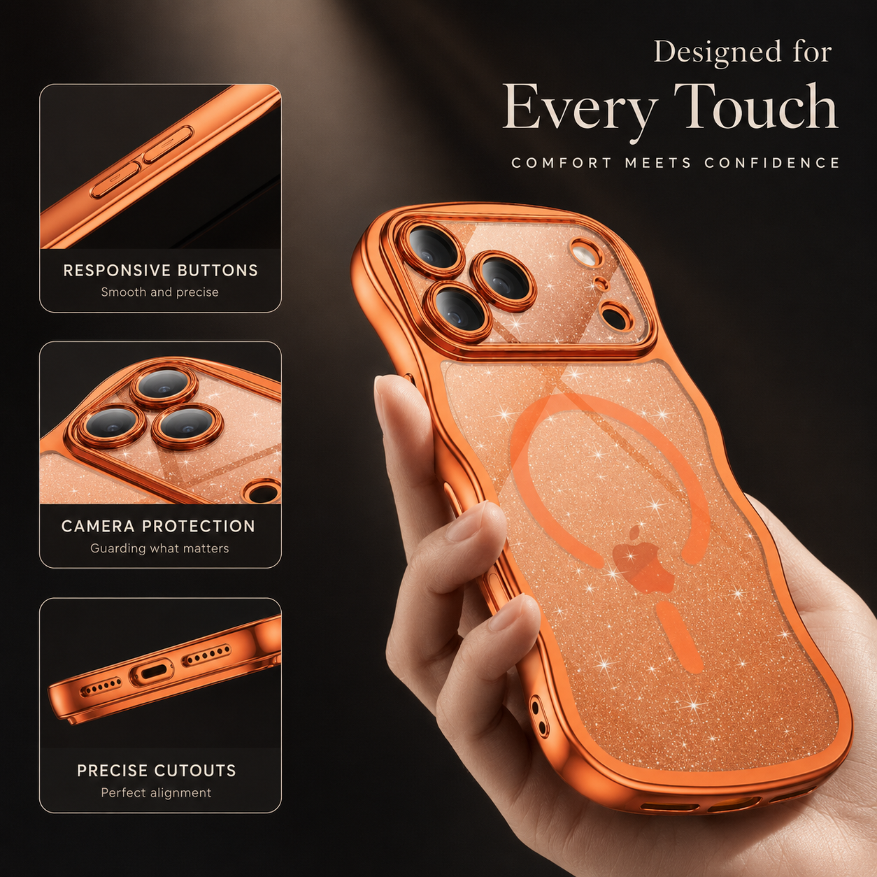 Premium iPhone Case Clear Glitter Magnetic Hard Cover MagSafe Compatible Wavy Frame Anti Slip Anti Scratch Lightweight Full Coverage Protective Design