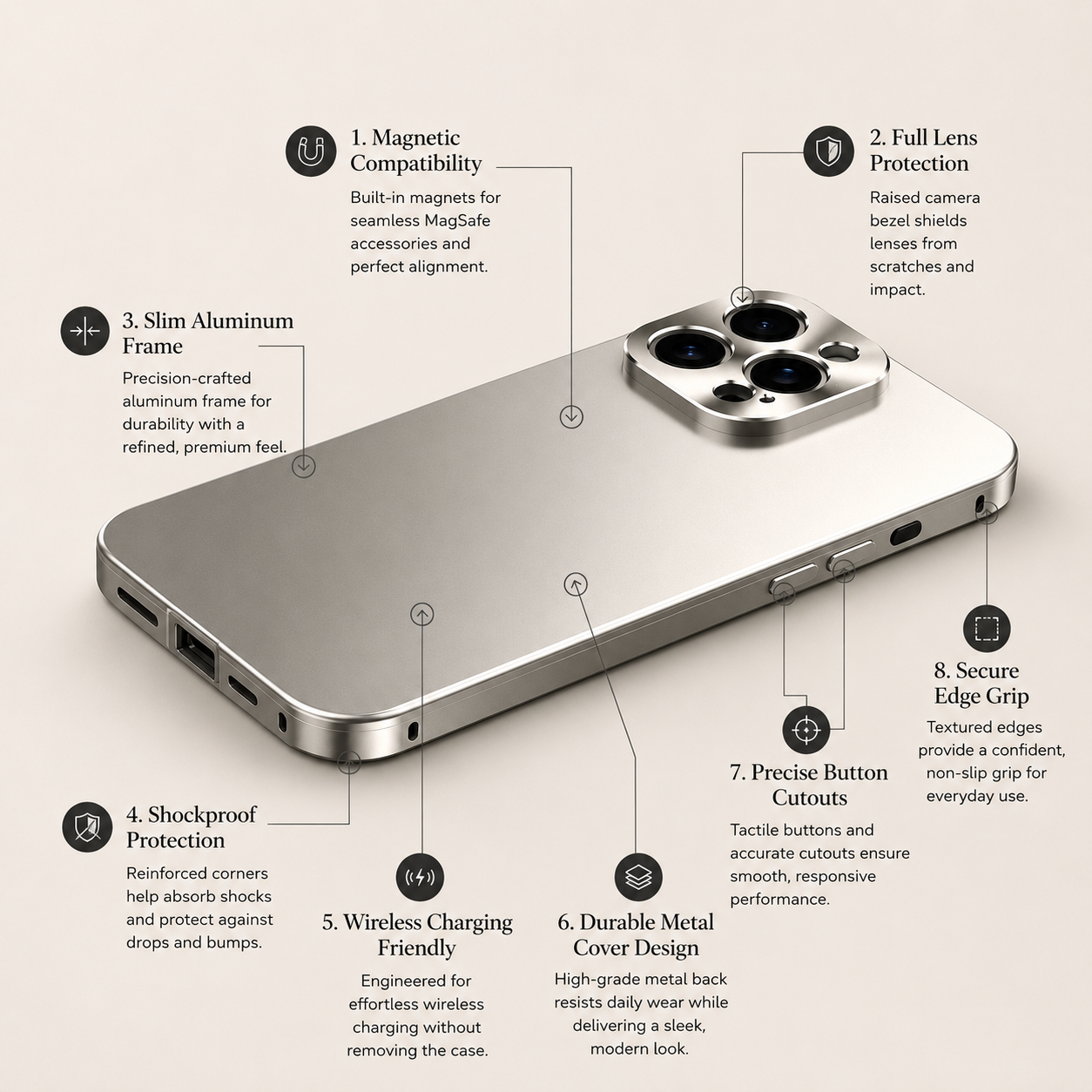 Premium iPhone Case MagSafe Compatible Magnetic Aluminum Frame Shockproof Protective Cover Camera Lens Protection Slim Metal Design Wireless Charging Compatible