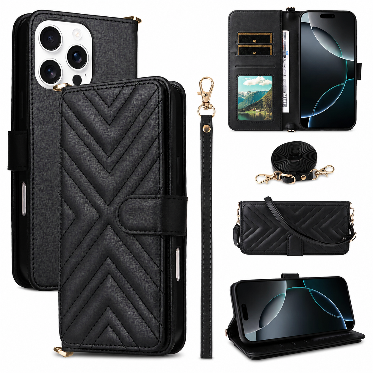 Premium iPhone Case Crossbody Wallet PU Leather Cover Card Holder Shoulder Strap Magnetic Closure Shockproof Full Coverage Slim Design