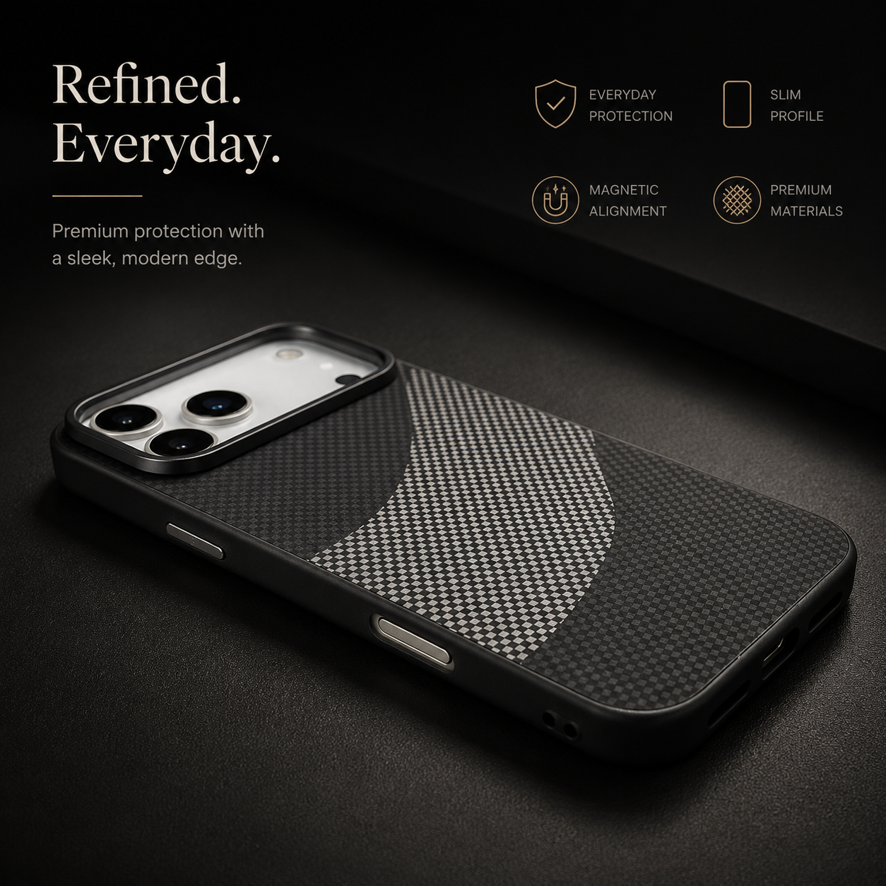 Premium iPhone Case MagSafe Compatible Carbon Fiber Armor Cover Alloy Camera Guard Shockproof Full Coverage Non Slip PC Anti Scratch Design