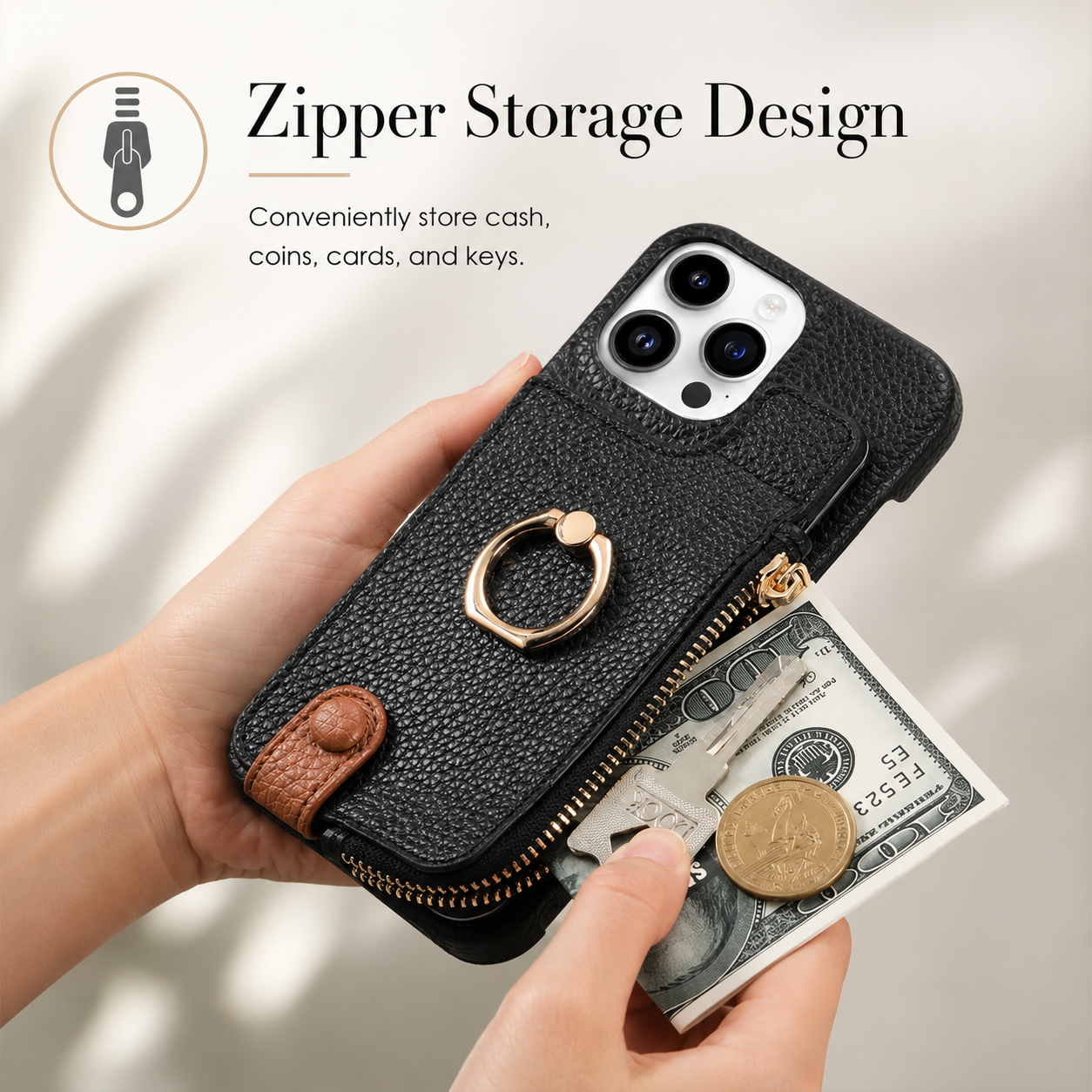 Premium iPhone Case Leather Zipper Wallet Cover MagSafe Compatible Card Holder Ring Kickstand Magnetic Closure Shockproof Camera Protection Full Coverage