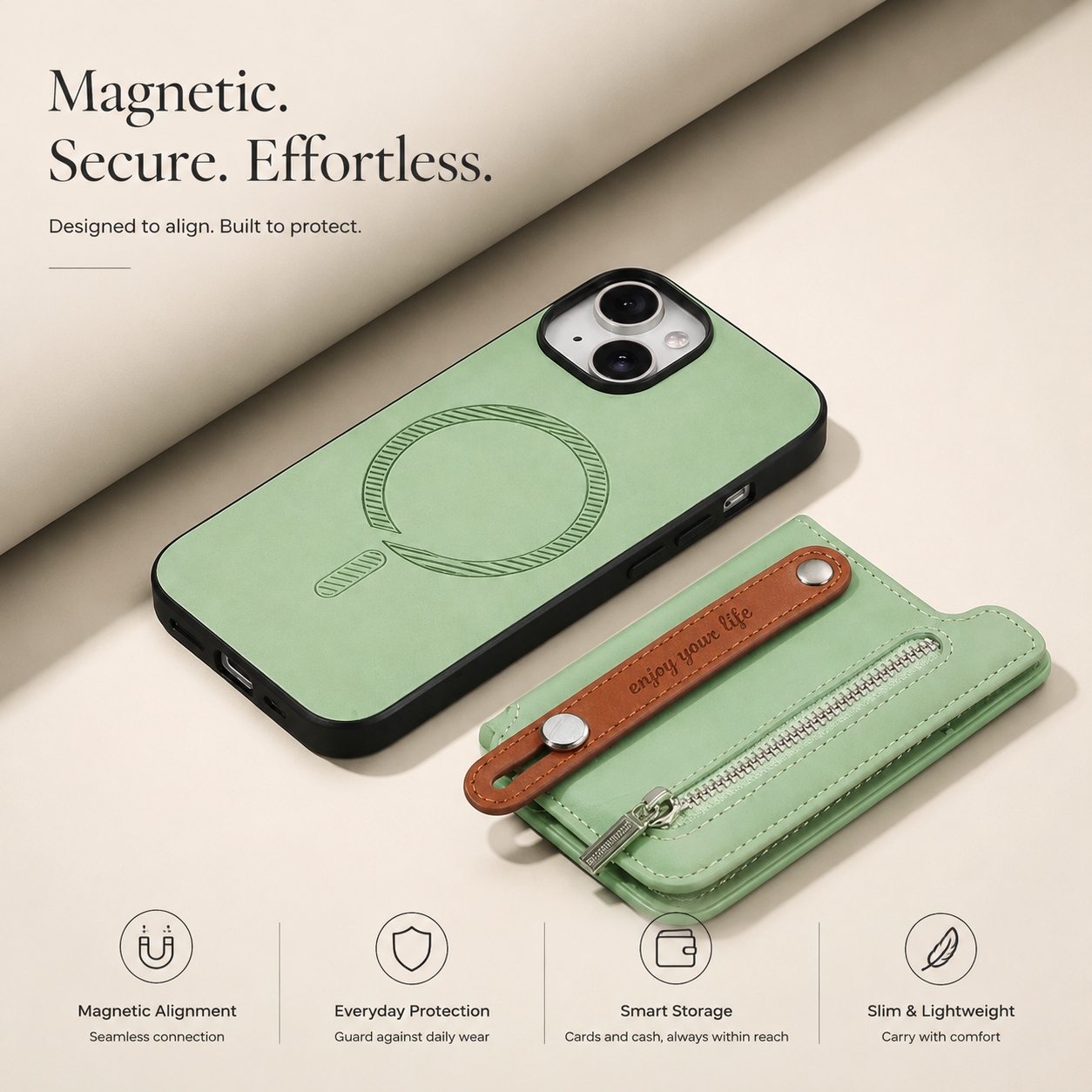 Premium iPhone Wallet Case Detachable Zipper Flip Cover PU Leather Card Holder Magnetic Closure Wrist Strap Shockproof Full Coverage Protective Design