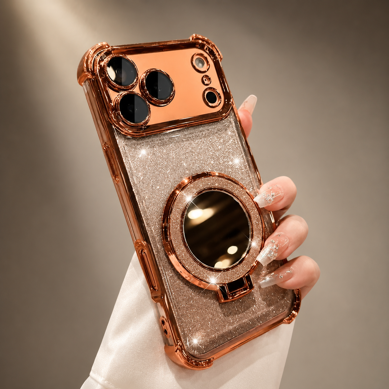 Premium iPhone Case Glitter Mirror Magnetic Bracket Cover Shockproof Silicone Non Slip Anti Scratch Full Coverage Stand Holder Protective Design