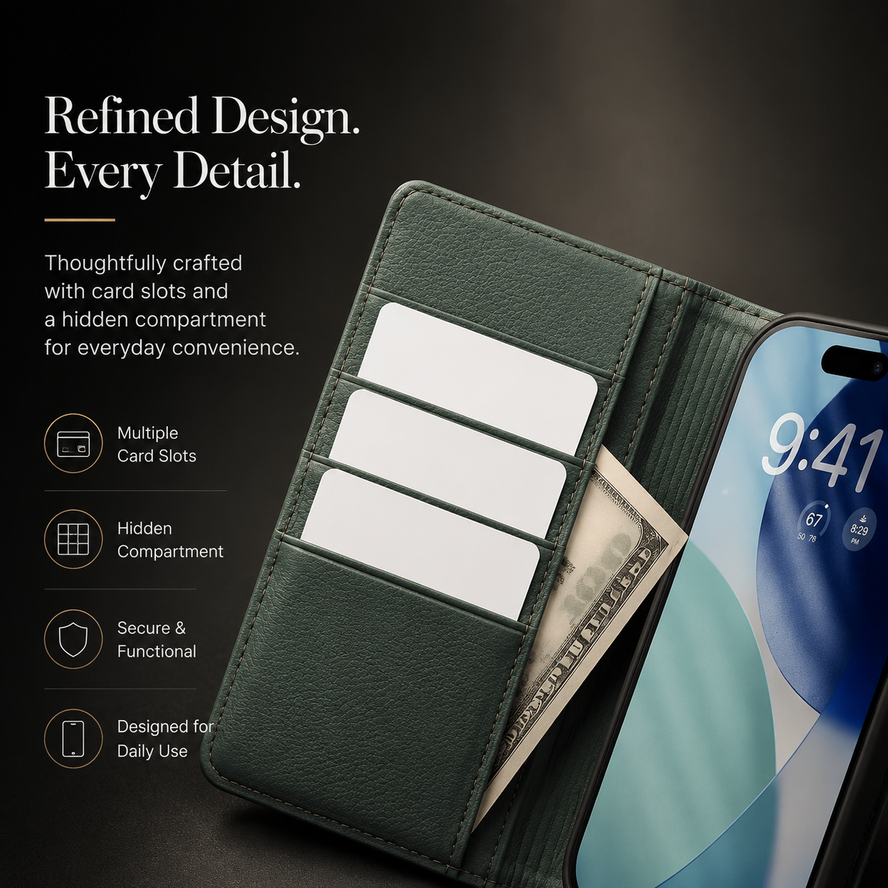 Premium iPhone Case Genuine Leather Wallet Flip Cover Card Holder Kickstand Shockproof Anti Scratch Ultra Slim Full Coverage Protective Design