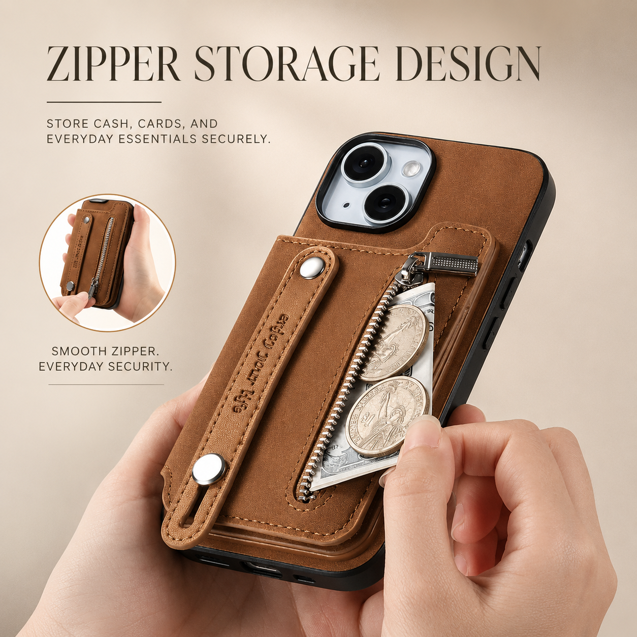 Premium iPhone Wallet Case Detachable Zipper Flip Cover PU Leather Card Holder Magnetic Closure Wrist Strap Shockproof Full Coverage Protective Design