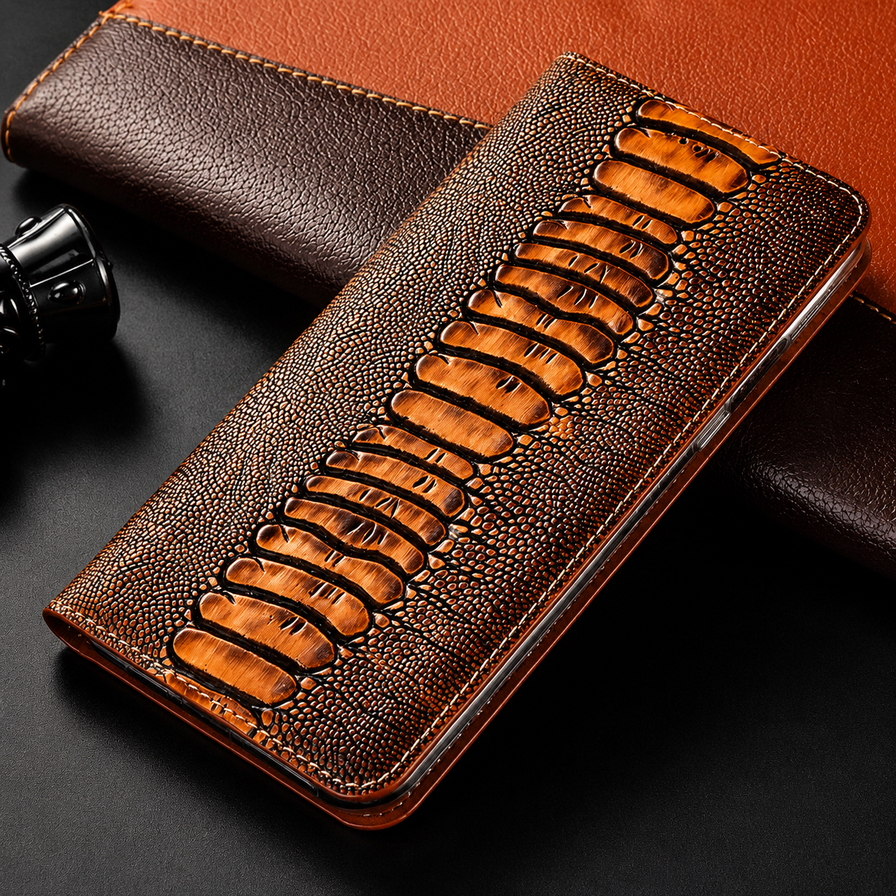 Premium iPhone Case Genuine Leather Flip Wallet Cover MagSafe Compatible Card Holder Magnetic Closure Shockproof Camera Protection Stand Full Coverage