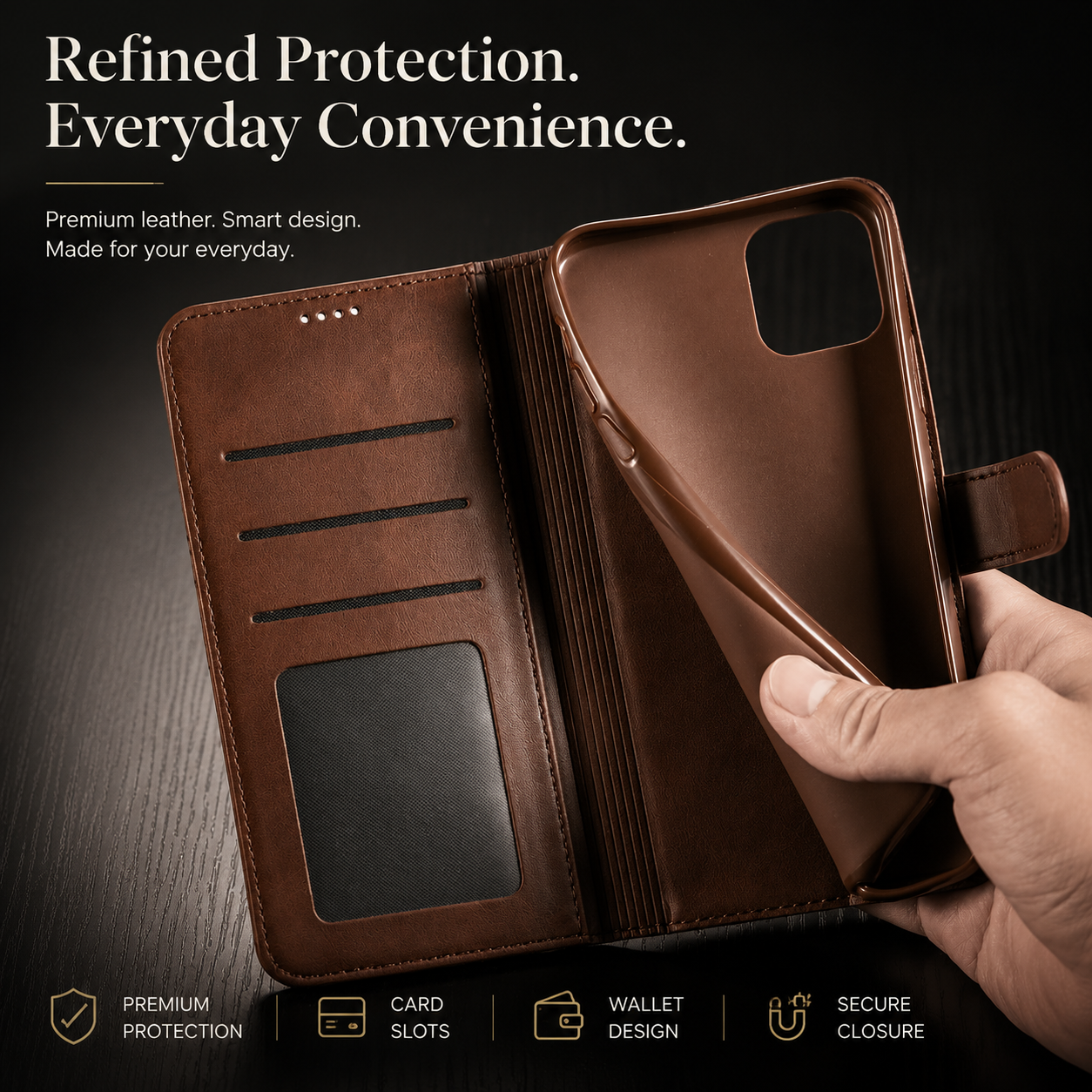 Premium iPhone Case Leather Wallet Flip Cover Card Holder Magnetic Closure Shockproof Camera Protection Slim Full Coverage Protective Design